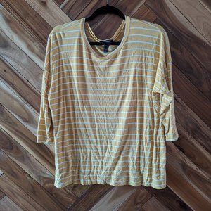 Forever 21 Striped Crew Neck 3/4 Sleeve Flowy T-Shirt Top Yellow Medium